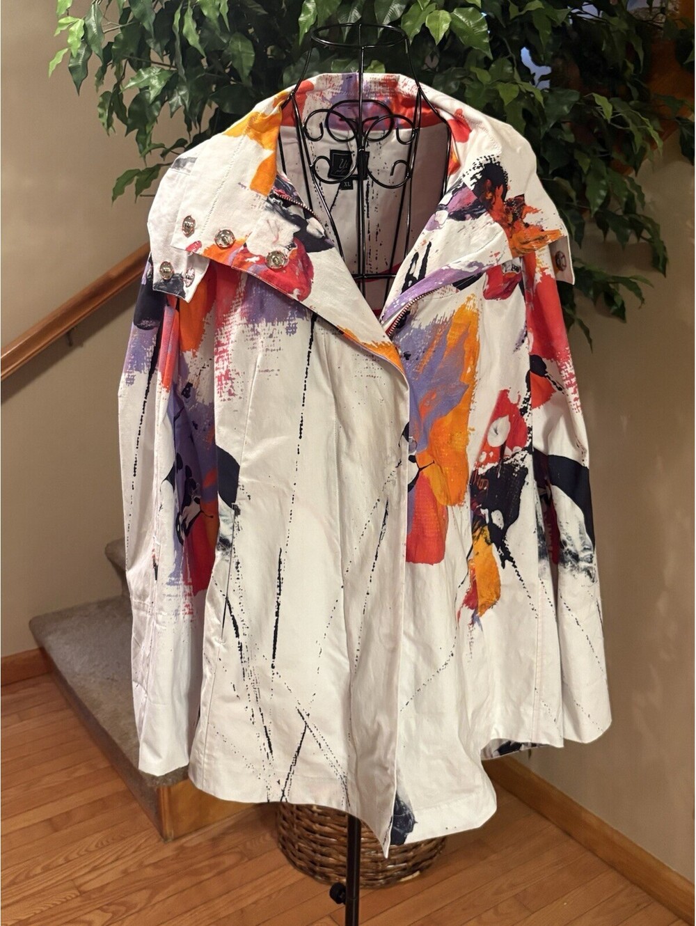 uBu Abstract Paint Splatter Hooded Rain Jacket Lightweight Size XL